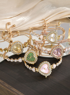 时尚小巧水钻女士手链学院风滴油爱心镶钻表盘抽拉手链表潮流手表