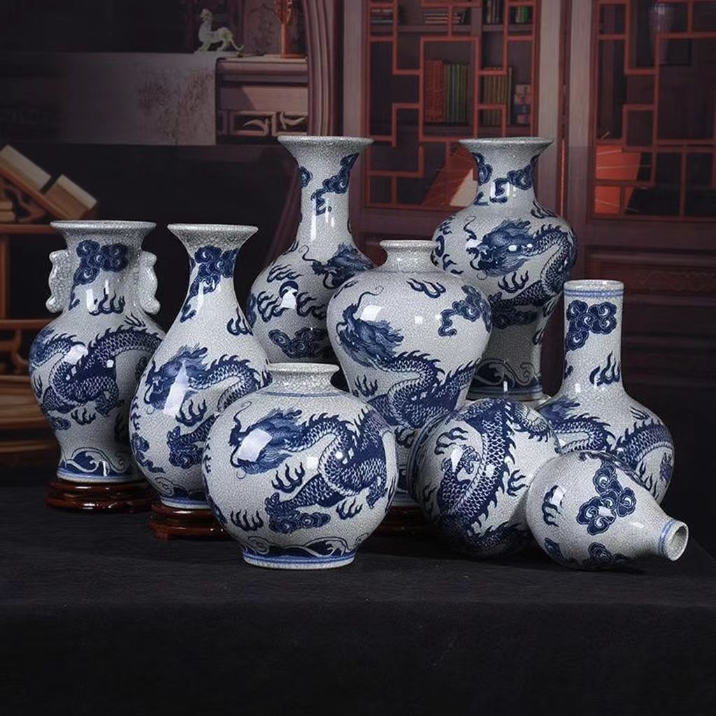 复古中式客厅电视柜茶几玄关样板房仿古官窑青花龙纹陶瓷花瓶摆件
