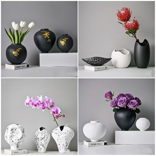 简约宋式美学客厅电视柜茶几玄关样板房民宿创意黑白陶瓷花瓶摆件