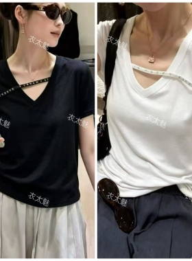 6889款2026时尚短袖T恤夏季新款韩版宽松显瘦百搭v领拼条装饰短袖