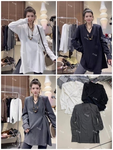 2026早春新款v领褶皱装饰纽扣两穿垫肩宽松中长款长袖T恤衫女装