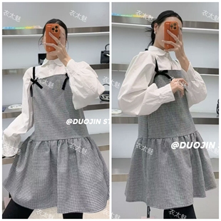 2026早春新款法式牛仔背带蝴蝶结白色衬衫套装新款连衣裙搭配套装