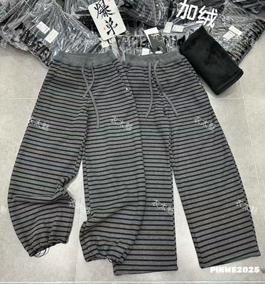 2593款2025冬季新款加绒加厚条纹两穿卫裤百搭休闲女装小标装饰