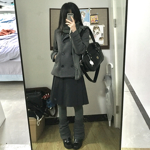 花千猪50羊毛 绒雪集大衣 日系双排扣短上衣jk制服秋冬翻领呢外套