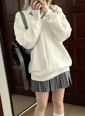 花千猪原创 川奈高毛衣 JK白色藏青色套头针织毛衣jk制服百搭上衣