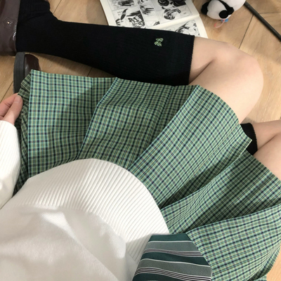花千猪原创 绿野格裙  jk制服校供感a字型百褶裙绿格百搭款jk裙