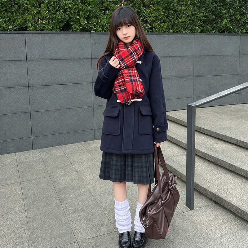 花千猪原创 小野中大衣 学院风jk制服短款秋冬连帽牛角扣呢外套
