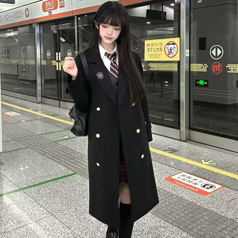 花千猪原创 崎野高大衣 校供感中长款风衣双排扣秋冬翻领呢外套