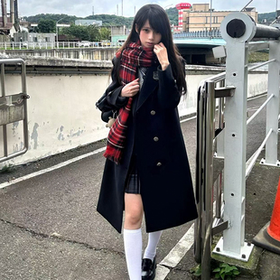 花千猪原创 森原中大衣  日系JK制服双排扣中长款黑色翻领呢外套