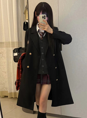 花千猪原创 崎野高大衣 校供感jk制服中长款风衣双排扣翻领呢外套