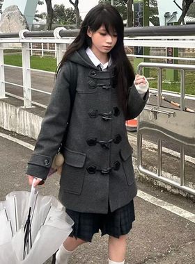 花千猪原创 栗原中大衣 学院风校供感jk制服中短款多色连帽呢外套