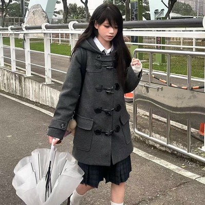 花千猪原创 栗原中大衣      学院风jk制服中短款灰色连帽呢大衣