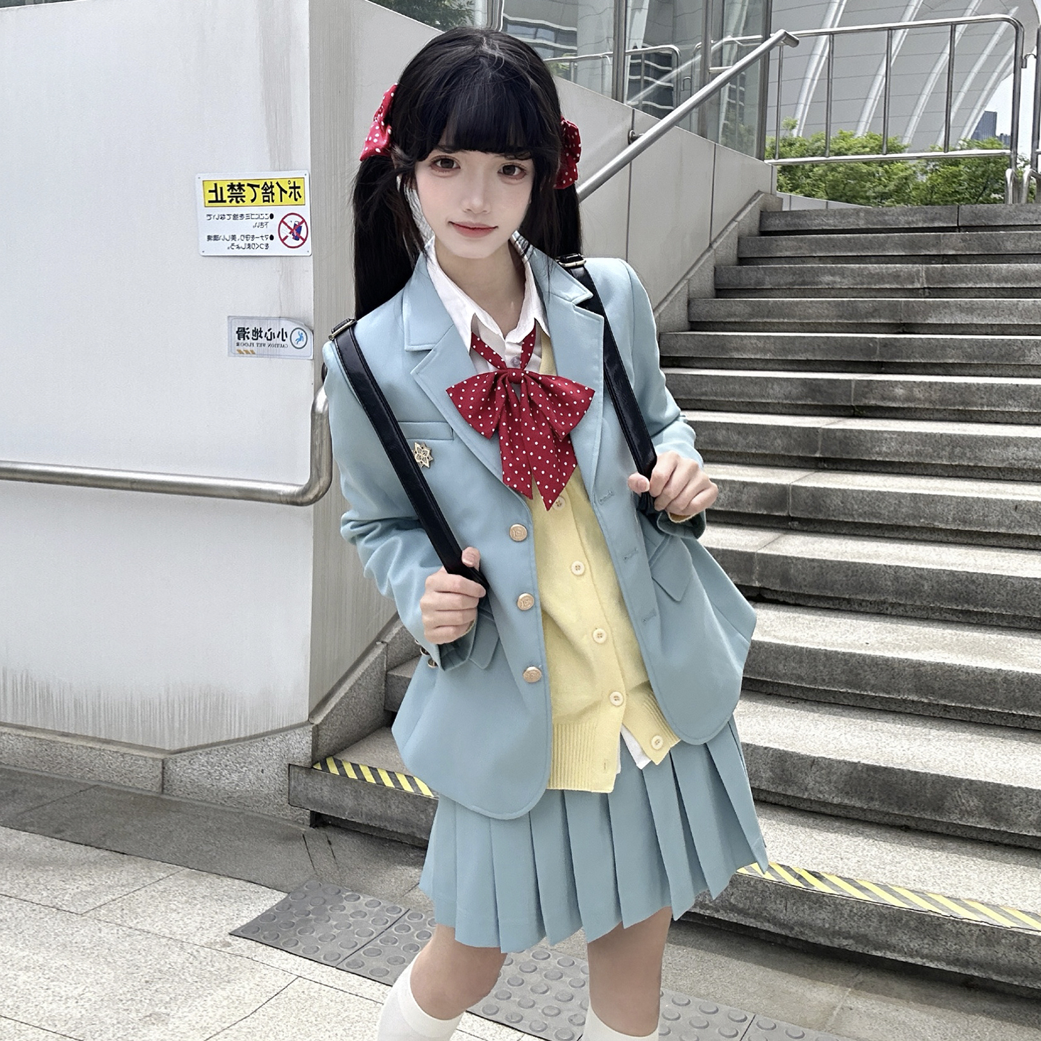 花千猪新品 星野中套装 学院风jk制服三粒扣款绿色西装外套下裙