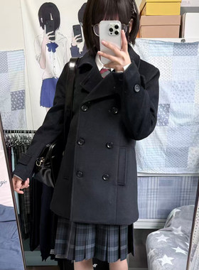 花千猪50羊毛 梓川高大衣 日系双排扣上衣jk制服绀色短翻领呢外套
