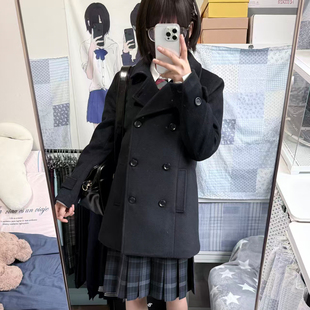 花千猪50羊毛 梓川高大衣 日系双排扣上衣jk制服绀色短翻领呢外套