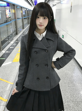 花千猪50羊毛 绒雪集大衣 日系双排扣短上衣jk制服灰色翻领呢外套