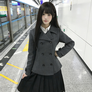 花千猪50羊毛 绒雪集大衣 日系双排扣短上衣jk制服灰色翻领呢外套