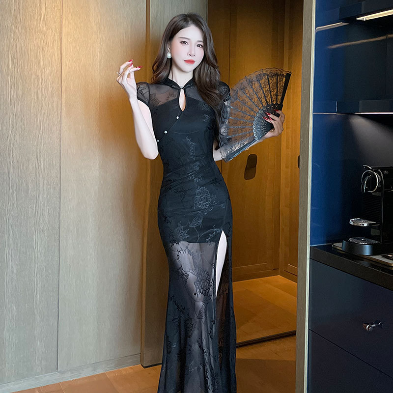 新中式黑色蕾丝改良旗袍长裙女透视高开叉修身性感宴会足浴晚礼服