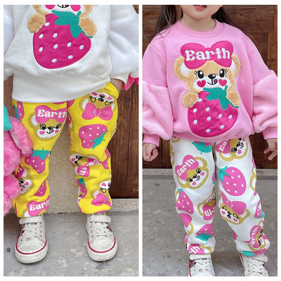 加绒卡通草莓小熊长裤纯棉裤子EM