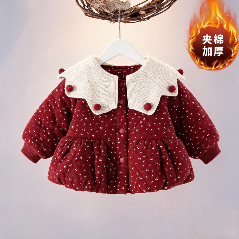 女童冬装夹棉外套女宝宝棉服加厚保暖棉衣婴儿碎花加厚中长款棉袄