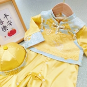 宝宝百天衣满月服新中式 连体衣金色男宝周岁礼服春秋婴儿抓周包屁