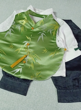 宝宝周岁礼服男夏季薄款真丝男童抓周衣服中式一岁冠衣绿色唐装