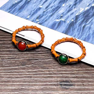 天然橄榄核竹节戒圈搭绿玉髓红玛瑙圆珠弹力戒指情侣对戒饰品