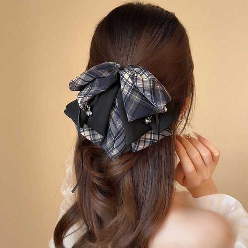 新款蝴蝶结格子马尾夹百搭盘发鲨鱼夹子高级感抓夹轻奢发夹女发抓