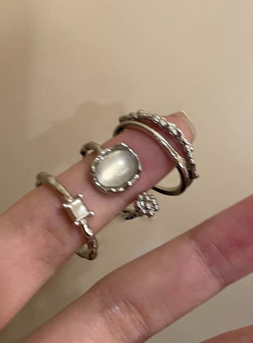 月光石三件套戒指女甜酷风设计感指环复古开口食指戒几何型不规则