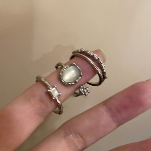 月光石三件套戒指女甜酷风设计感指环复古开口食指戒几何型不规则