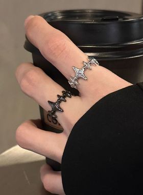 暗黑锆石十字架开口情侣对戒设计复古小众ins高级百搭戒指简约女