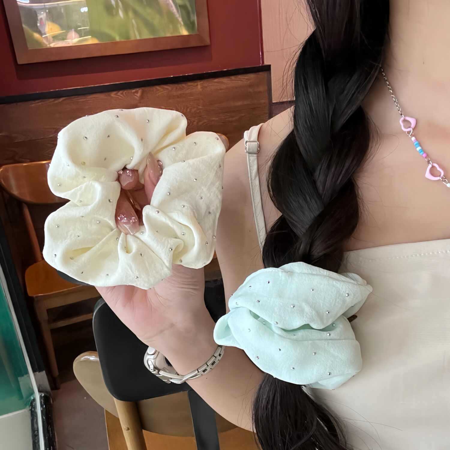 薄荷曼波绿烫钻大肠发圈女夏天侧马尾肥肠头绳韩系温柔满天星发饰图片