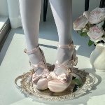 预约！原创lolita洛丽塔鞋女蝴蝶结圆头单鞋中跟浅口交叉带丝光