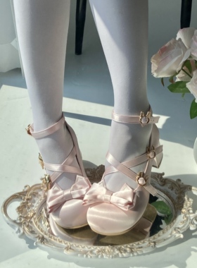 预约！原创lolita洛丽塔鞋女蝴蝶结圆头单鞋中跟浅口交叉带丝光
