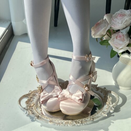 预约！原创lolita洛丽塔鞋女蝴蝶结圆头单鞋中跟浅口交叉带丝光