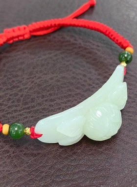 天然和田玉牡丹手牌   白玉花开富贵玉石手绳女款编织手链