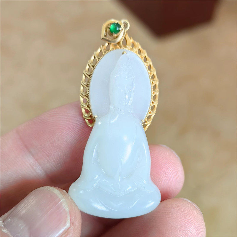 新疆和田羊脂玉观音 纯金镶嵌金镶玉和田玉吊坠挂件W