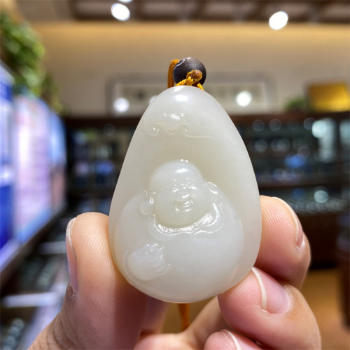 小石头和田玉白玉籽料弥勒佛挂件