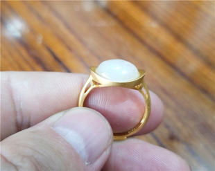 古法黄金工艺元宝戒指--新疆和田玉白玉羊脂玉镶嵌作品鉴赏期3天