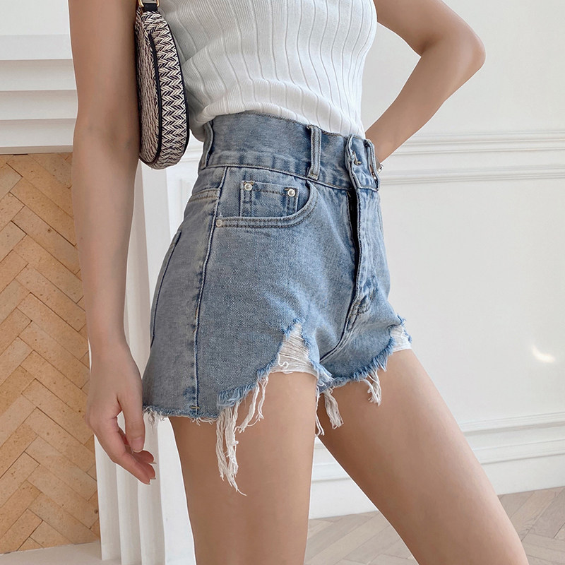 夏季泫雅紧身牛仔超短裤子欧美ins修身a字毛边破洞浅色辣妹热裤女