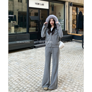 松弛慵懒毛领连帽卫衣套装 外套微喇叭长裤 女冬季 开衫 修身 怪力酱