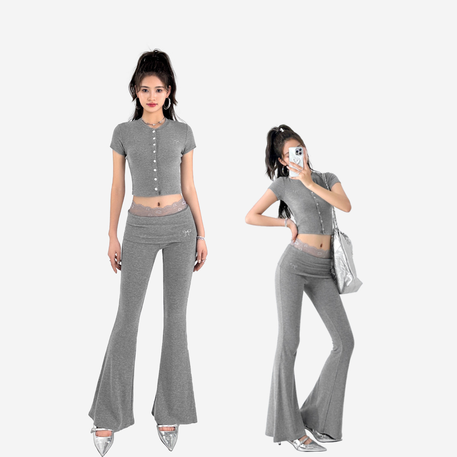 花边蕾丝喇叭休闲微喇裤