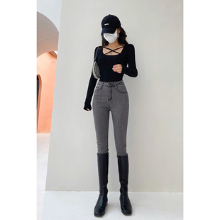 女 紧身显瘦小脚铅笔加绒加厚牛仔长裤 春秋小个子美式 辣妹弹力修身