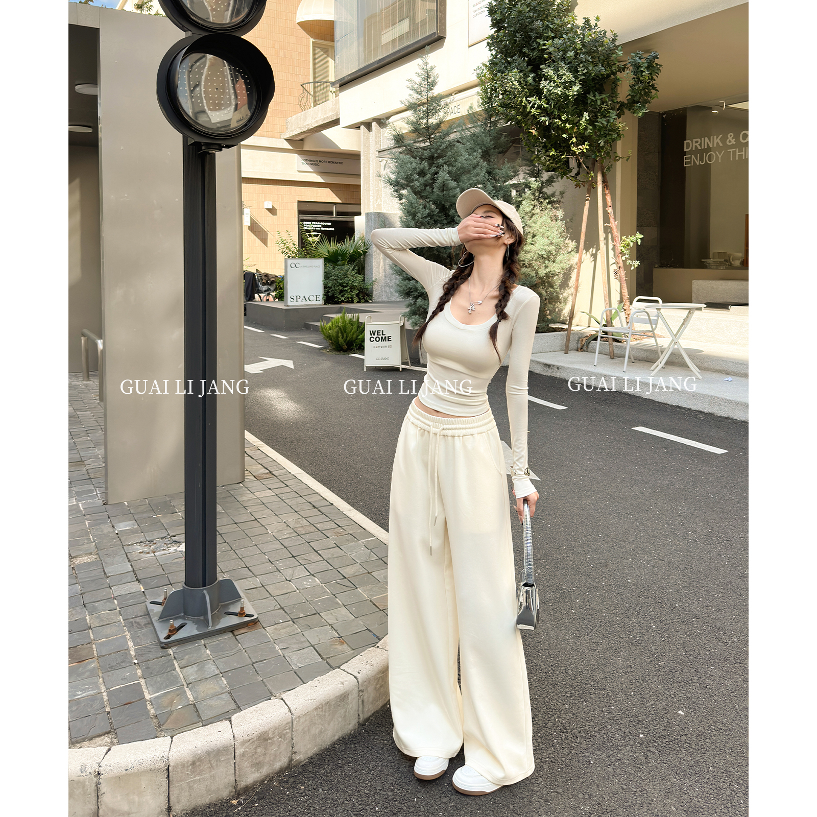 怪力酱 天丝简约针织套装女秋冬季长袖打底衫运动直筒阔腿卫裤子