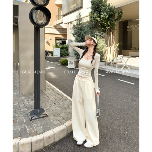 怪力酱抽绳休闲运动阔腿棉长裤