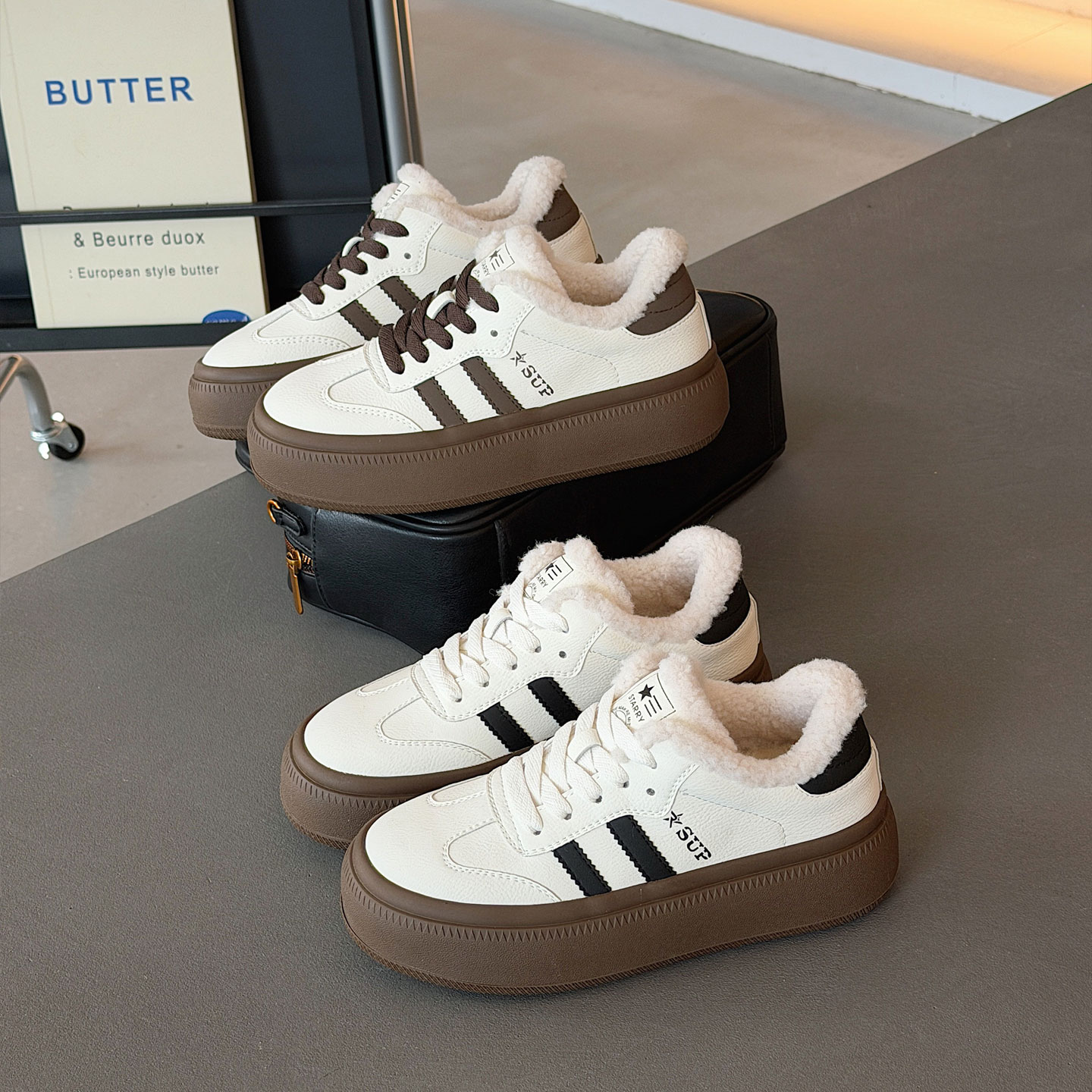 真皮羊羔毛厚底德训鞋女