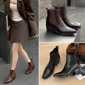 范小络内增高尖头短靴女小个子厚底切尔西靴2025新款 皮鞋 秋冬靴子