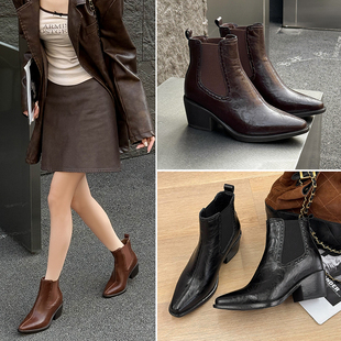 范小络内增高尖头短靴女小个子厚底切尔西靴2025新款皮鞋秋冬靴子