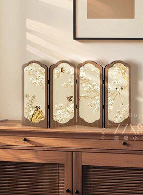 新中式花鸟屏风桌面摆件玄关柜茶桌家居装饰品中国风客厅摆画礼品
