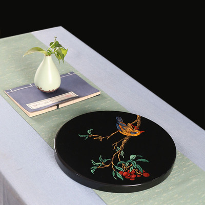 大漆干泡盘天然生漆手工圆盘漆粉点染飞鸟纹饰黑底雅韵东方美学